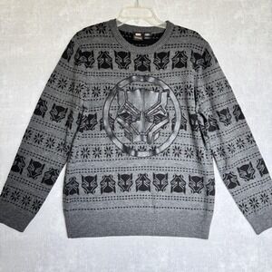 Marvel Black Panther Sweater Mens Large Gray Knit Crewneck Pullover Fair Isle